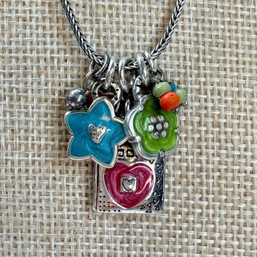 Brighton Silver Tone Enamel Charm Necklace Life Wonder Heart Star Flower Multi